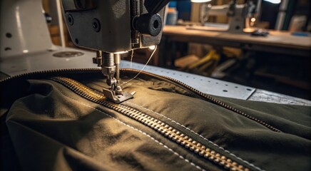 Industrial sewing machine attaching zipper to garment