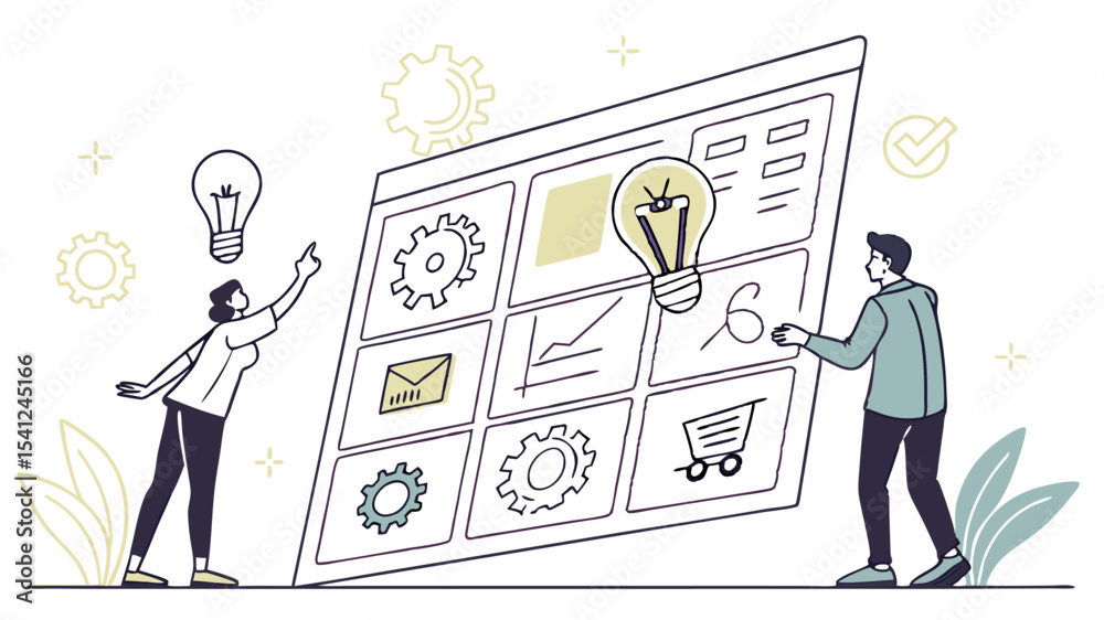 Poster people interacting with a large screen displaying various icons and elements like gears and lightbul