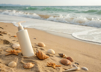 Summer Beach Essence: A pristine sunscreen bottle nestled in warm sand, encircled by a collection of sun-kissed seashells and starfish, with gentle waves crashing in the background.