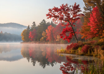 Autumn Tranquility: A serene lake reflects the vibrant colors of autumn foliage, creating a picturesque landscape of nature's beauty.