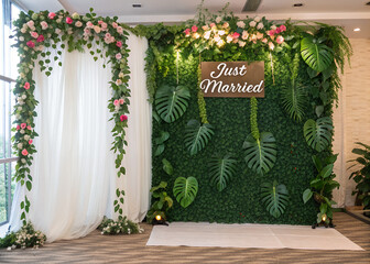 Tropical Wedding Backdrop: A lush green wall adorned with monstera leaves and pink flowers, creating a romantic and vibrant backdrop for a wedding ceremony or photoshoot.