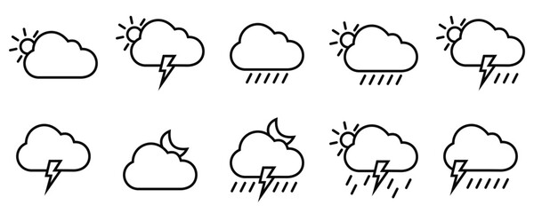 Linear Weather Icon Set – Sun, Rain, Wind, Storm, Cloud, and Forecast Symbols Collection