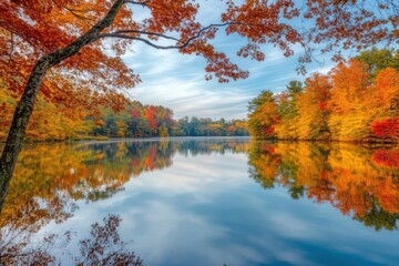 Obraz premium Lake reflects autumn trees under a blue sky with clouds