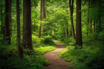 Obraz premium Winding path through a lush and vibrant green forest area