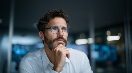 Naklejka premium Thoughtful entrepreneur with glasses in contemplative pose at modern office