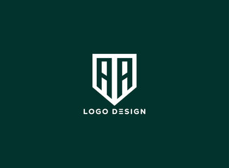 Modern AA monogram logo design with bold geometric shield style in white on dark green background, ideal for branding, corporate identity, and business use