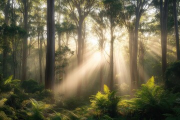 Naklejka premium Sunlight filtering through trees in a Tasmanian forest with radiant sun rays illuminating the landscape, Sunlight through trees in Tasmania forest Sun rays in wild Australia nature