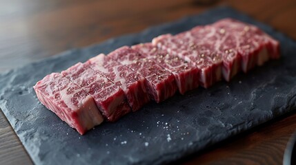 Premium close up of a juicy medium rare Wagyu steak sliced to reveal its marbling served on a dark slate plate