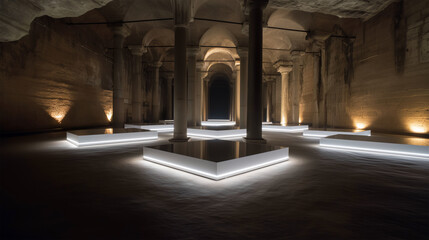 Underground historical building with arched ceiling and central water basin