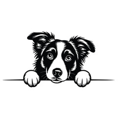 Dog peers over edge with paws hanging down. Cute puppy portrait, playful expression, animal illustration