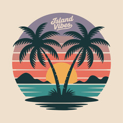 Retro sunset island illustration with palm trees and "Island Vibes" text. Tropical paradise, vintage design, vacation