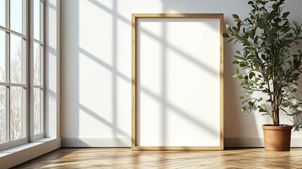 Bright, modern living space with natural light. Blank frame ready for artwork or a family photo, next to a potted plant. Simple & clean.