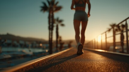 Running towards the sunset along the seaside promenade with palm trees swaying in the evening breeze