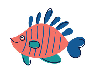 Vector illustration of colorful mandarin fish, vibrant tropical sea fish with bright stripes and fins. Cute marine animal for kids design, sea life theme, educational materials, nursery decoration