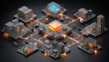 Isometric City Grid with Data Flow and Technology