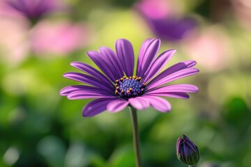 Fototapeta premium Purple daisy blooms gracefully in garden under soft sunlight, Purple daisy in garden under soft sunlight
