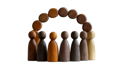 Wooden figures in various shades of brown, standing beneath a circular wooden arch