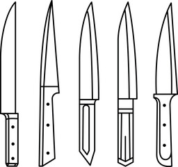 Detailed line art featuring various chef knife designs, emphasizing blade shapes and handle types, suitable for kitchen and culinary themes.