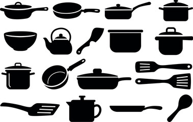 A collection of black silhouette icons showcasing various kitchen tools, including pots, pans, spatulas, and teapots. Perfect for decorative, graphic design.