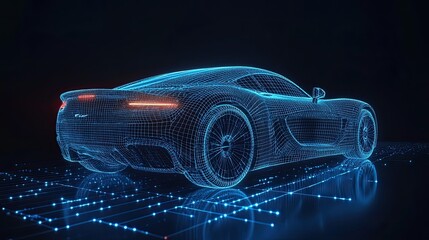 Detailed 3D wireframe of a blue sports car from the rear, set against a dark background.