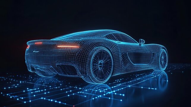 Detailed 3D wireframe of a blue sports car from the rear, set against a dark background. 
