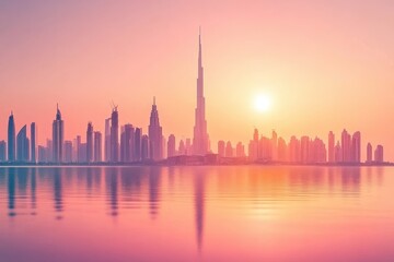 Fototapeta premium Captivating sunset view of Dubai's modern skyline reflected on the water, Dubai modern skyline, seaside sunset view