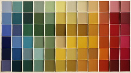 Vibrant array of color swatches arranged in grid showcases spectrum from cool blues and greens to warm yellows, oranges, and reds, offering comprehensive palette for design inspiration