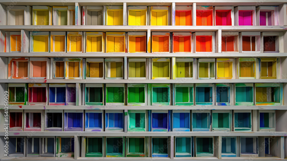 Poster Vibrant display of colorful paint samples arranged in grid, showcasing spectrum from warm reds and yellows to cool blues and greens, creating visually striking and organized pattern