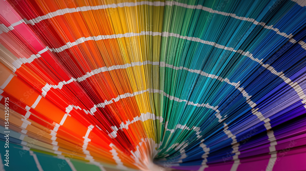 Poster vibrant spiral of color swatches creates dynamic and eye catching pattern, showcasing full spectrum 