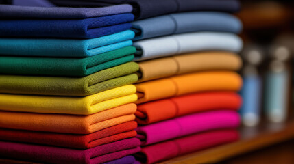 Stack of colorful folded polo shirts in various shades is neatly arranged, showcasing vibrant spectrum. image captures texture and variety of colors, creating visually appealing display
