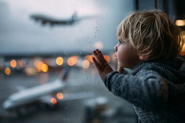 child looking at airplane through airport glass window, soft backlight, emotional storytelling