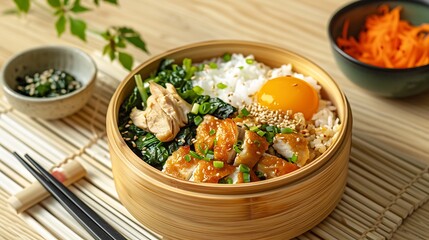 Grilled chicken and spinach over rice with a fried egg.