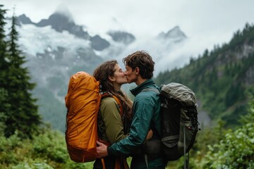 Couple hiking in mountains sharing a kiss amidst lush greenery and misty peaks, Couple in love kissing while hiking