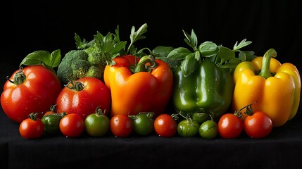 Premium shot of colorful organic farm fresh vegetables arranged on a dark background for dramatic contrast