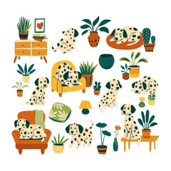 Cozy Dog in a Plant-Filled Home – Vector Style