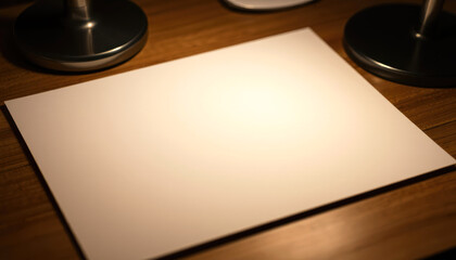 Blank White Paper on a Wooden Desk with Warm Lamp Light and Copy Space