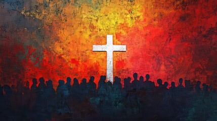 A modern painting of hundreds of silhouettes surrounding a minimalist white cross against a textured color-field background