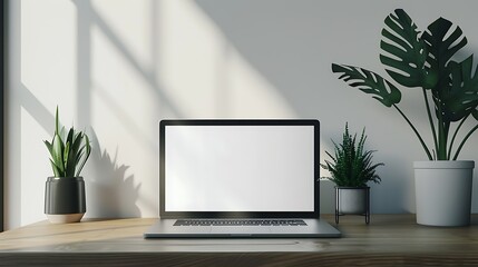 Modern laptop on a wooden desk with plants.