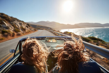 friends in old convertible car on coastal road trip, hair in wind, sun flare