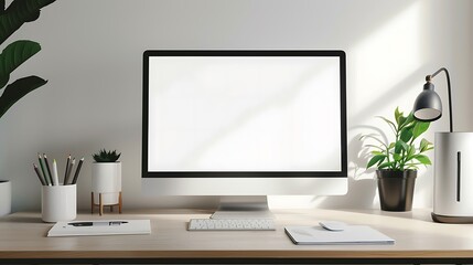 Fototapeta premium A modern workspace with computer, plants, and accessories.