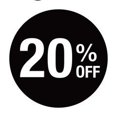 ”20％OFF ”の文字入り 円形のベクターイラスト　モノクロ　白文字　背景透過　
