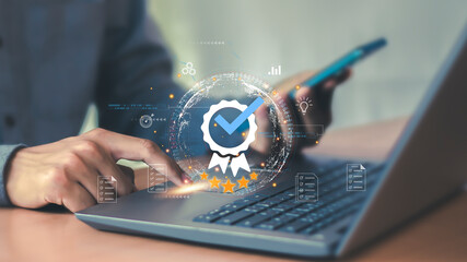Quality Assurance, Standard Warranty ISO, businessman working with computer services, quality...