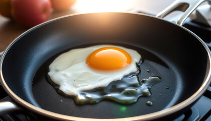 Perfectly Cooked Fried Egg with Bright Yellow Yolk in a Non-Stick Frying Pan