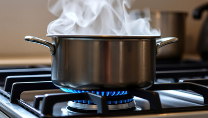 Steaming Stainless Steel Pot Boiling on a Blue Flame Gas Stove