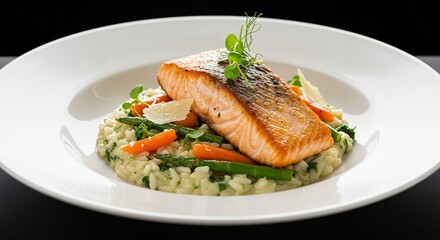 Delicious Grilled Salmon with Vegetable Risotto on a White Plate