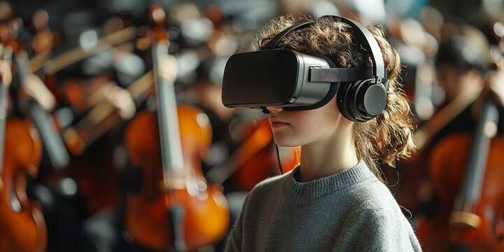 A young girl enjoys an immersive orchestral experience using a VR headset. - Powered by Adobe