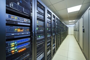 Modern information technology control room filled with advanced server racks and equipment, Information technology control room with modern server racks