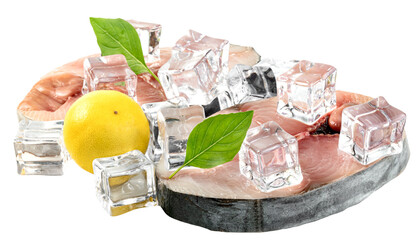 Spanish mackerel slice or spotted mackerels with lemon and leaf basil and ice cube isolated, Scomberomorus