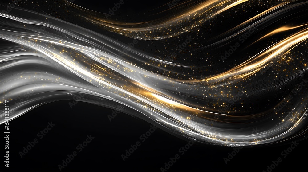 Poster abstract flowing gray and white lines with gold glitter on a dark backdrop