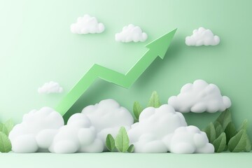 Positive statistics concept showing an upward trend with green arrow among soft clouds and green leaves, Green arrow and clouds Positive statistics concept Minimal cartoon style 3D